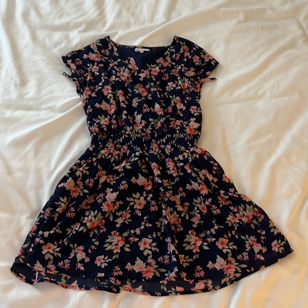 Navy and pink floral patterned dress, child size 12